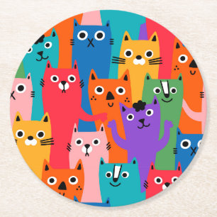 Posavasos Redondo De Papel Patrón de gatos coloridos