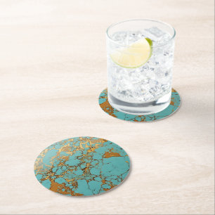 Posavasos Redondo De Papel Patrón de gema de oro turquesa