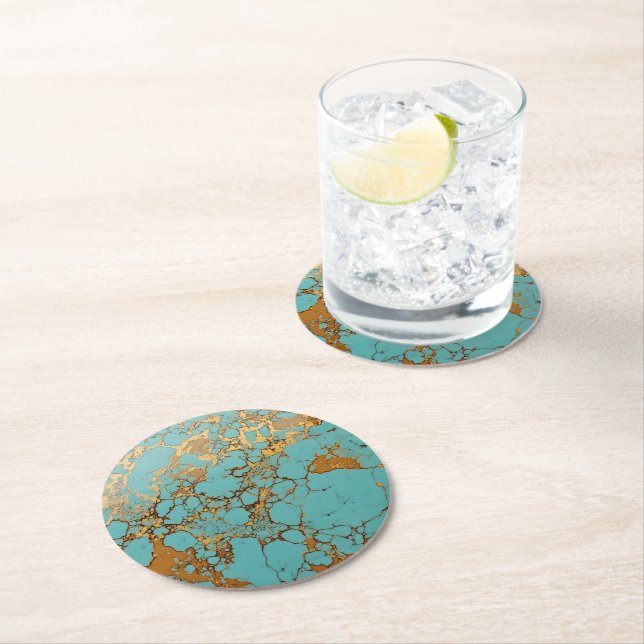 Posavasos Redondo De Papel Patrón de gema de oro turquesa (In situ)