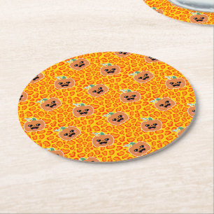 Posavasos Redondo De Papel patrón de Halloween con estampado de leopardo