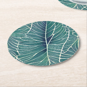 Posavasos Redondo De Papel Patrón de hojas tropicales Verde azuladas verdes d