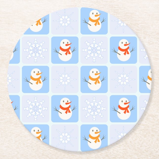 Posavasos Redondo De Papel Patrón de invierno de snowman y copos de nieve (Anverso)