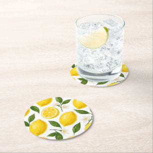 Posavasos Redondo De Papel Patrón de limón fresco con hojas y flores