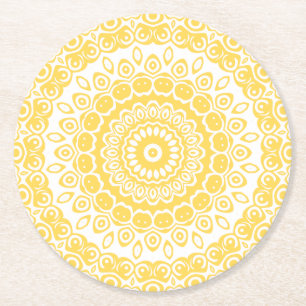 Posavasos Redondo De Papel Patrón de Mandala amarillo mostaza