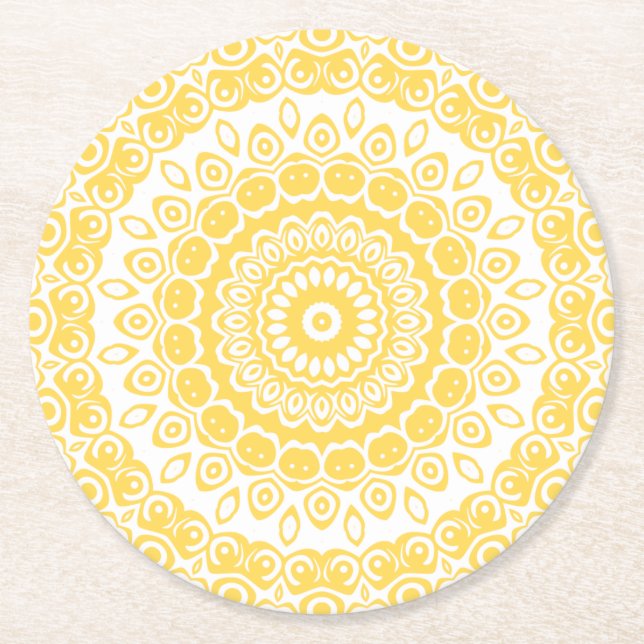 Posavasos Redondo De Papel Patrón de Mandala amarillo mostaza (Anverso)