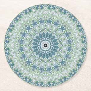 Posavasos Redondo De Papel Patrón de Mandala Costero Verde Mar y Azul