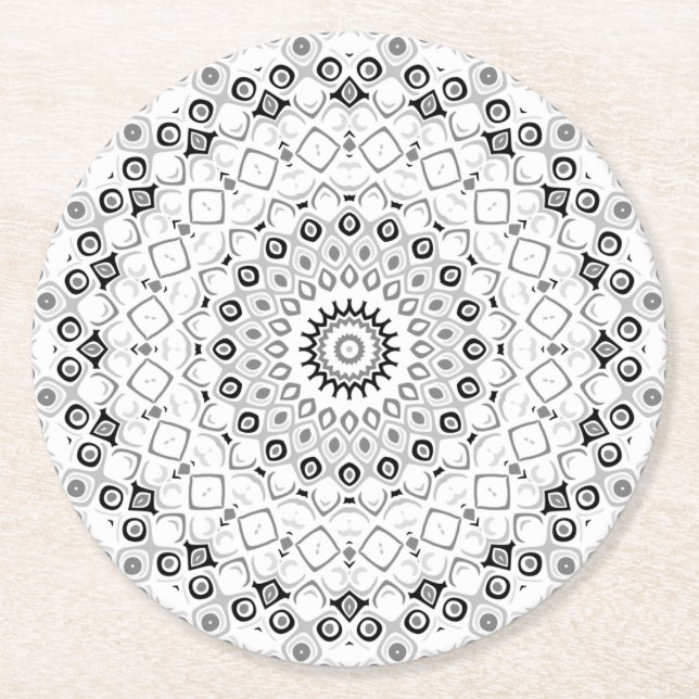 Posavasos Redondo De Papel Patrón de Mandala Geométrica en Blanco y Negro (Anverso)