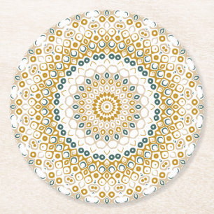 Posavasos Redondo De Papel Patrón de Mandala Geométrico Dorado y Verde