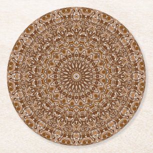 Posavasos Redondo De Papel Patrón de Mandala Marrón Chocolate y Blanco