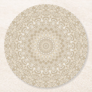 Posavasos Redondo De Papel Patrón de Mandala Ornamental Caqui y Blanco