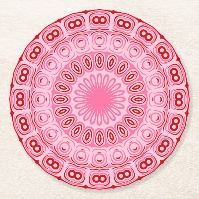 Posavasos Redondo De Papel Patrón de Mandala Rojo y Rosa (Anverso)