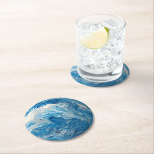 Posavasos Redondo De Papel Patrón de mármol azul blanco