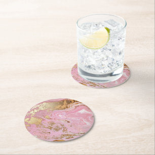Posavasos Redondo De Papel Patrón de mármol dorado rosado