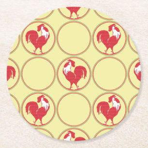 Posavasos Redondo De Papel Patrón de Medallón Gallo Rojo sobre Amarillo