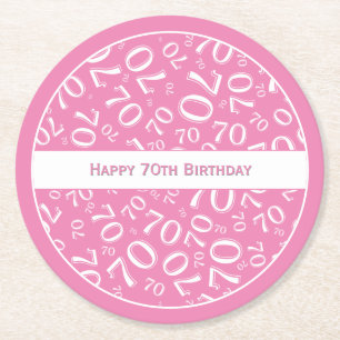 Posavasos Redondo De Papel Patrón de números rosados/blancos "Feliz 70 cumple