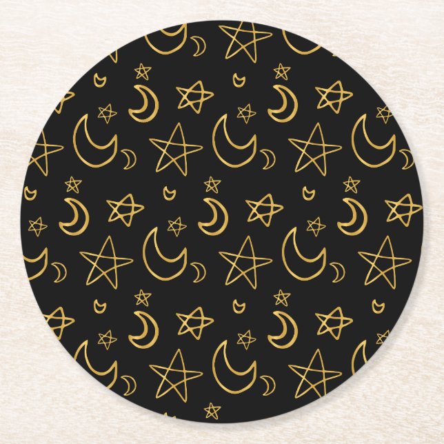 Posavasos Redondo De Papel Patrón de oro de lunas y estrellas (Anverso)