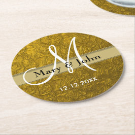 Posavasos Redondo De Papel Patrón de oro monograma Boda personalizado