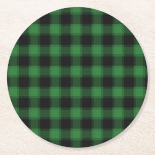 Posavasos Redondo De Papel Patrón de plástico verde y negro de cuadros festiv
