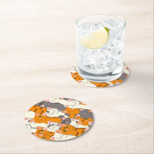 Posavasos Redondo De Papel Patrón diagonal del gato negro jengibre