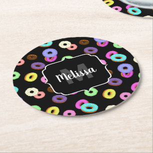 Posavasos Redondo De Papel Patrón divertido y colorido de donas con monograma