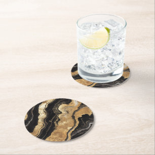 Posavasos Redondo De Papel Patrón dorado de mármol negro