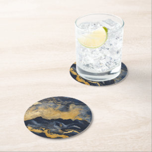 Posavasos Redondo De Papel Patrón dorado de mármol oscuro