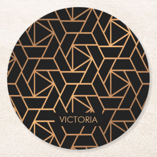 Posavasos Redondo De Papel Patrón elegante negro y dorado