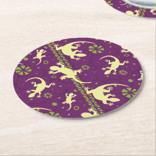 Posavasos Redondo De Papel Patrón étnico Purple Green Gecko Lizard Print