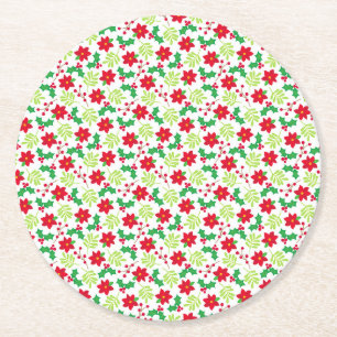 Posavasos Redondo De Papel Patrón floral bonito de Navidad Holly Poinsettias