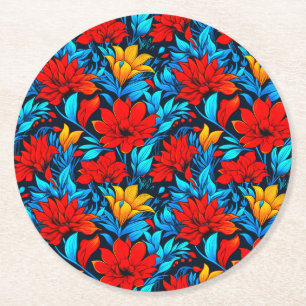 Posavasos Redondo De Papel Patrón Flores Amarillas Rojas Florales