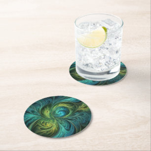 Posavasos Redondo De Papel Patrón fractal AI verde azul