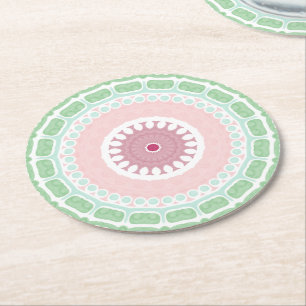 Posavasos Redondo De Papel Patrón geométrico de mandala verde menta y rosa