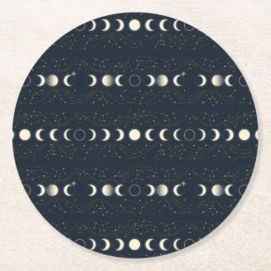 Posavasos Redondo De Papel Patrón minimalista de fases lunares con estrellas 