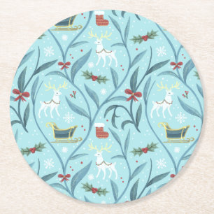 Posavasos Redondo De Papel Patrón Navideño de Reno Floral Frondoso