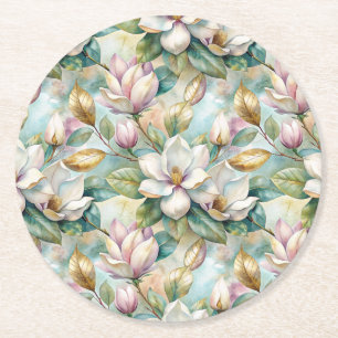 Posavasos Redondo De Papel Pattern Elegant Magnolia Flowers