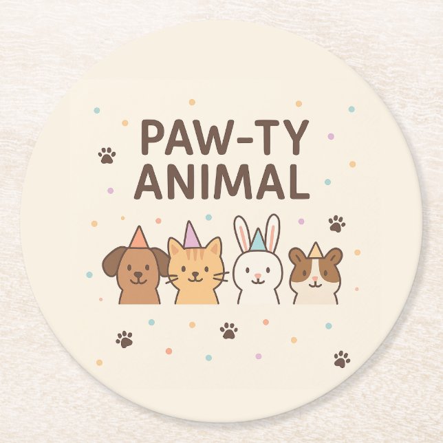 Posavasos Redondo De Papel Paw-ty Animal Cute Mascota Cumpleaños (Anverso)