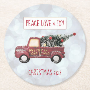 Posavasos Redondo De Papel Paz Amor y Alegría Camión de Juguetes Feliz Navida