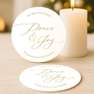 Posavasos Redondo De Papel Paz y Alegría Elegante en Escritura Dorada Navidad