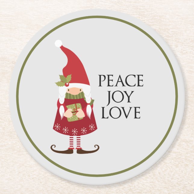 Posavasos Redondo De Papel Peace Joy Love Chica Gnome Holiday (Anverso)