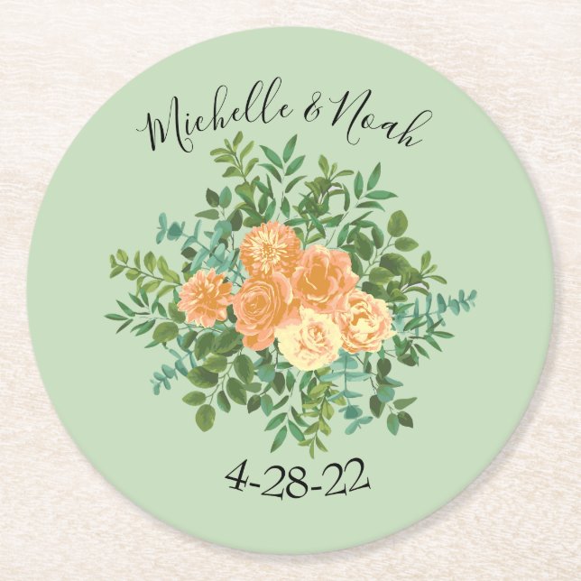 Posavasos Redondo De Papel Peach Green Boda Spring Pastel (Anverso)