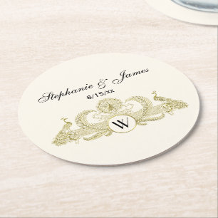 Posavasos Redondo De Papel Peacocks Vintage Monograma Faux Gold Ivory BG