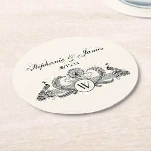 Posavasos Redondo De Papel Peacocks vintage Monograma Ivory BG
