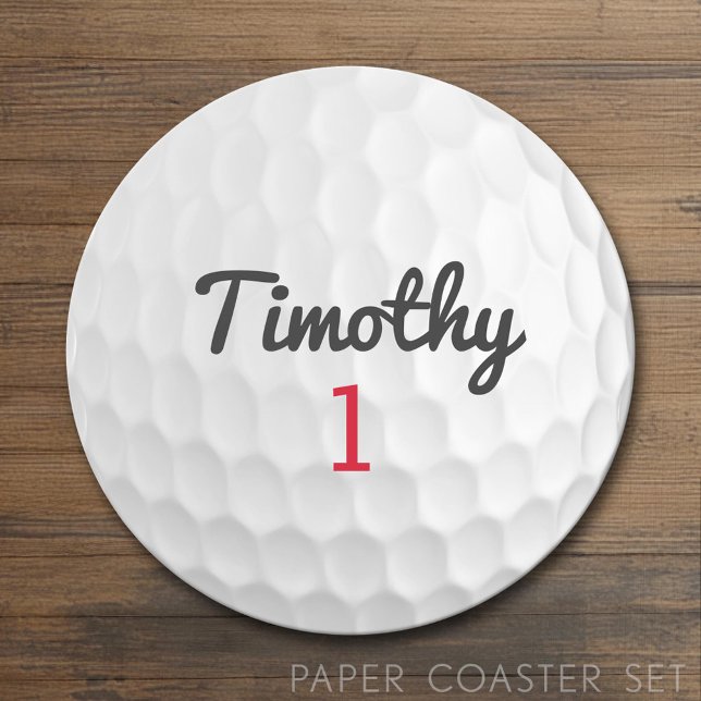 Posavasos Redondo De Papel Pelota de golf con número rojo de nombre negro (Custom Coaster)