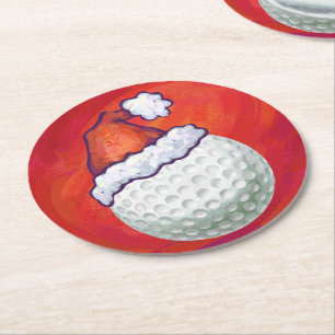 Posavasos Redondo De Papel Pelota de golf en el gorra de Santa en rojo