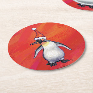 Posavasos Redondo De Papel Penguin en Santa Hat en Red