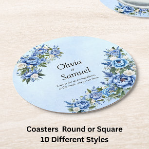 Posavasos Redondo De Papel Peonía Azul sobre Azul 