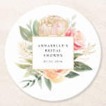 Posavasos Redondo De Papel Peony y Gold Flowers Bridal Shower Coaster<br><div class="desc">Diseñado para coordinar con nuestra colección Peony y Gold, esta montaña de personalizable a juego cuenta con lujosas flores rosadas y de peonía dorada con follaje verde con letras clásicas. Para una personalización más avanzada de este diseño, haga clic en el botón "PERSONALIZAR" de arriba. El Relieve metalizado de oro...</div>