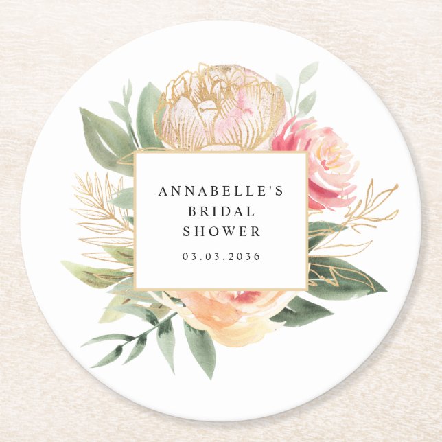 Posavasos Redondo De Papel Peony y Gold Flowers Bridal Shower Coaster (Anverso)