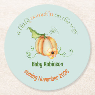 Posavasos Redondo De Papel Pequeña Caída de Calabaza Género Baby Shower Neutr