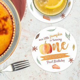 Posavasos Redondo De Papel Pequeña Calabaza Cae Primer Cumpleaños